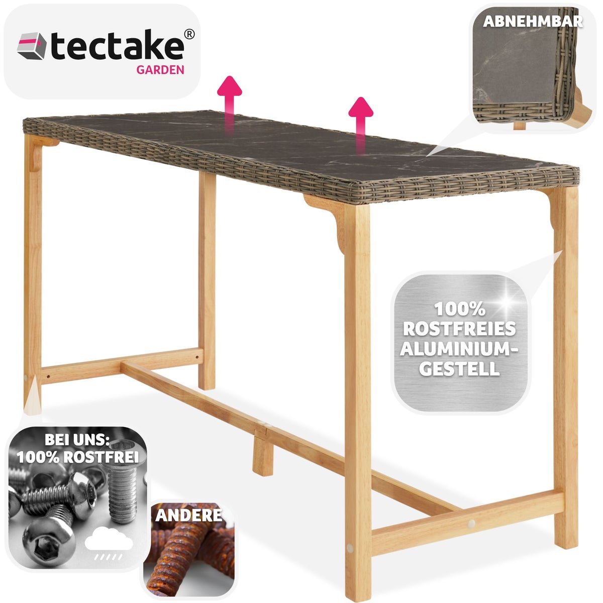 Rotan tafel tectake Lovas met aluminium en houten frame 161 x 64,5 x 99,5 cm
