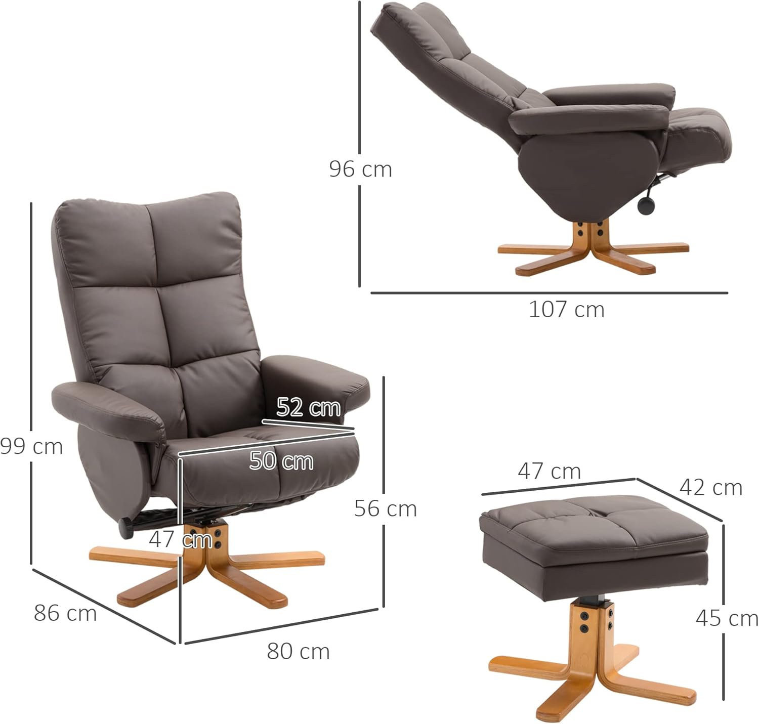 HOMCOM Relaxsessel mit Hocker, Stauraum, Gepolstert Fernsehsessel mit Liegefunktion, 360° Drehbar TV-Sessel für Schlafzimmer, Wohnzimmer, Kunstleder, Braun