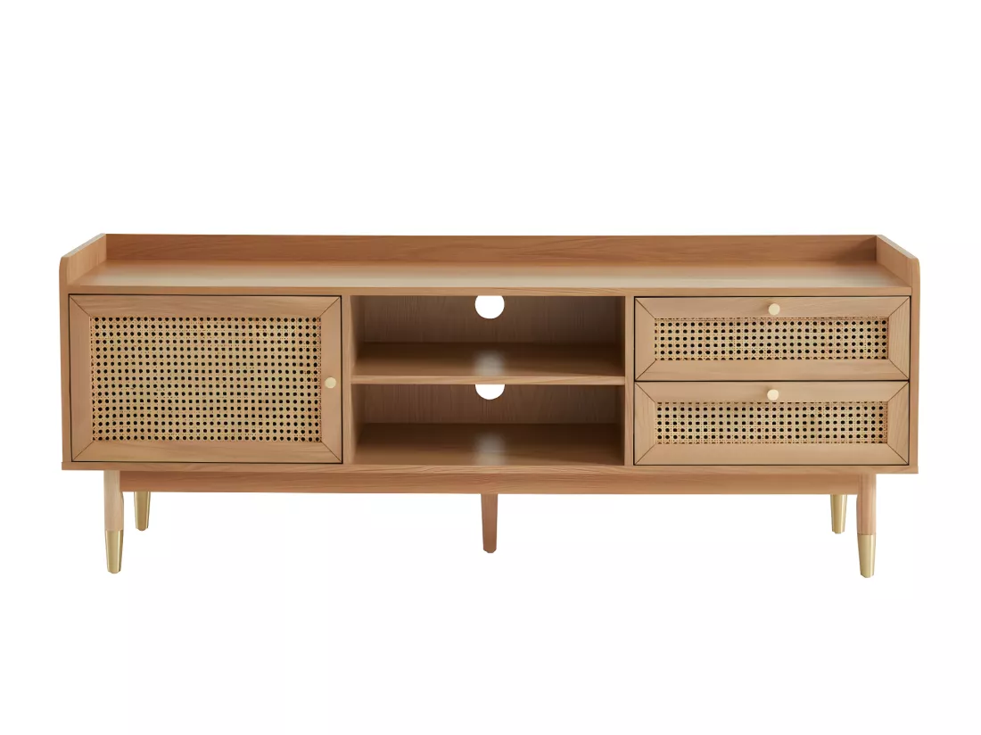 Bombong - Meuble TV 1 porte 2 tiroirs en bois et cannage L160cm - Bois clair