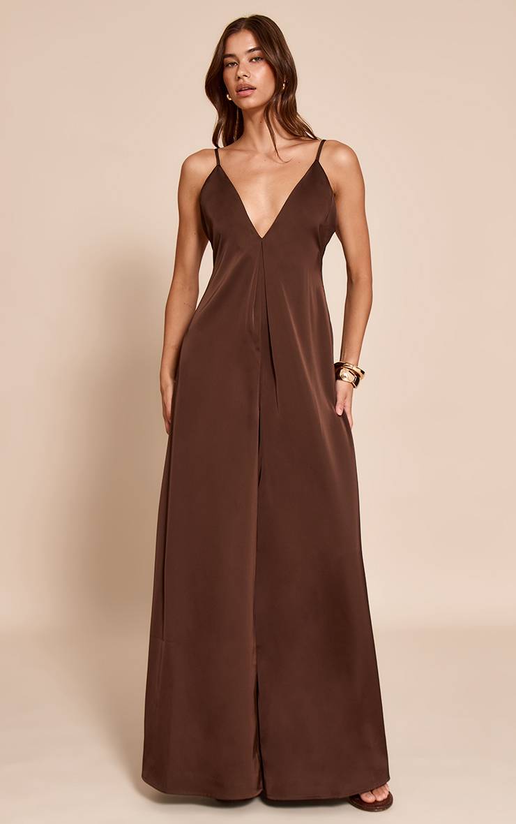 Chocolat Combinaison Pantalon Large En Satin Col En V