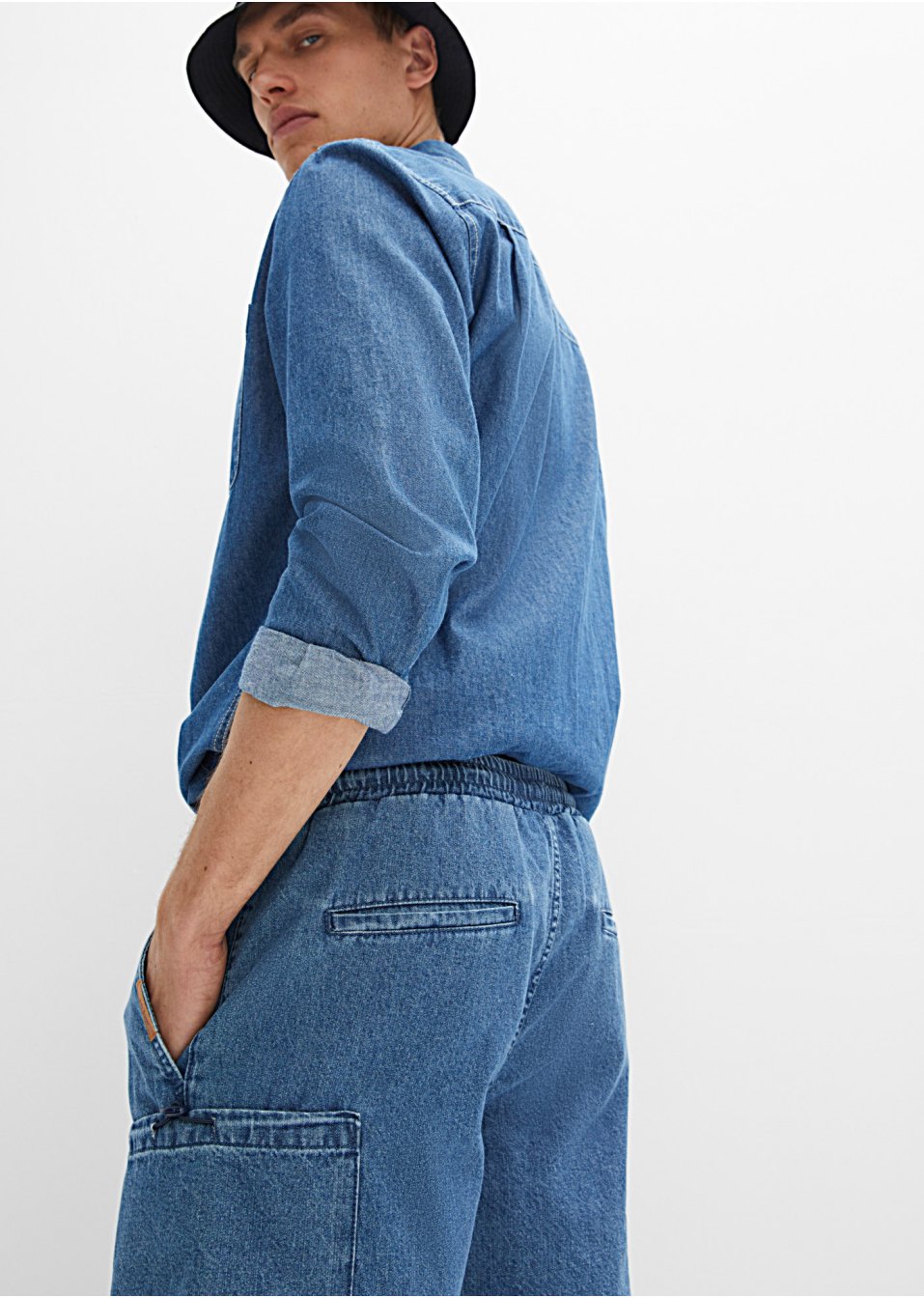 Short long en jean à taille extensible, Loose Fit