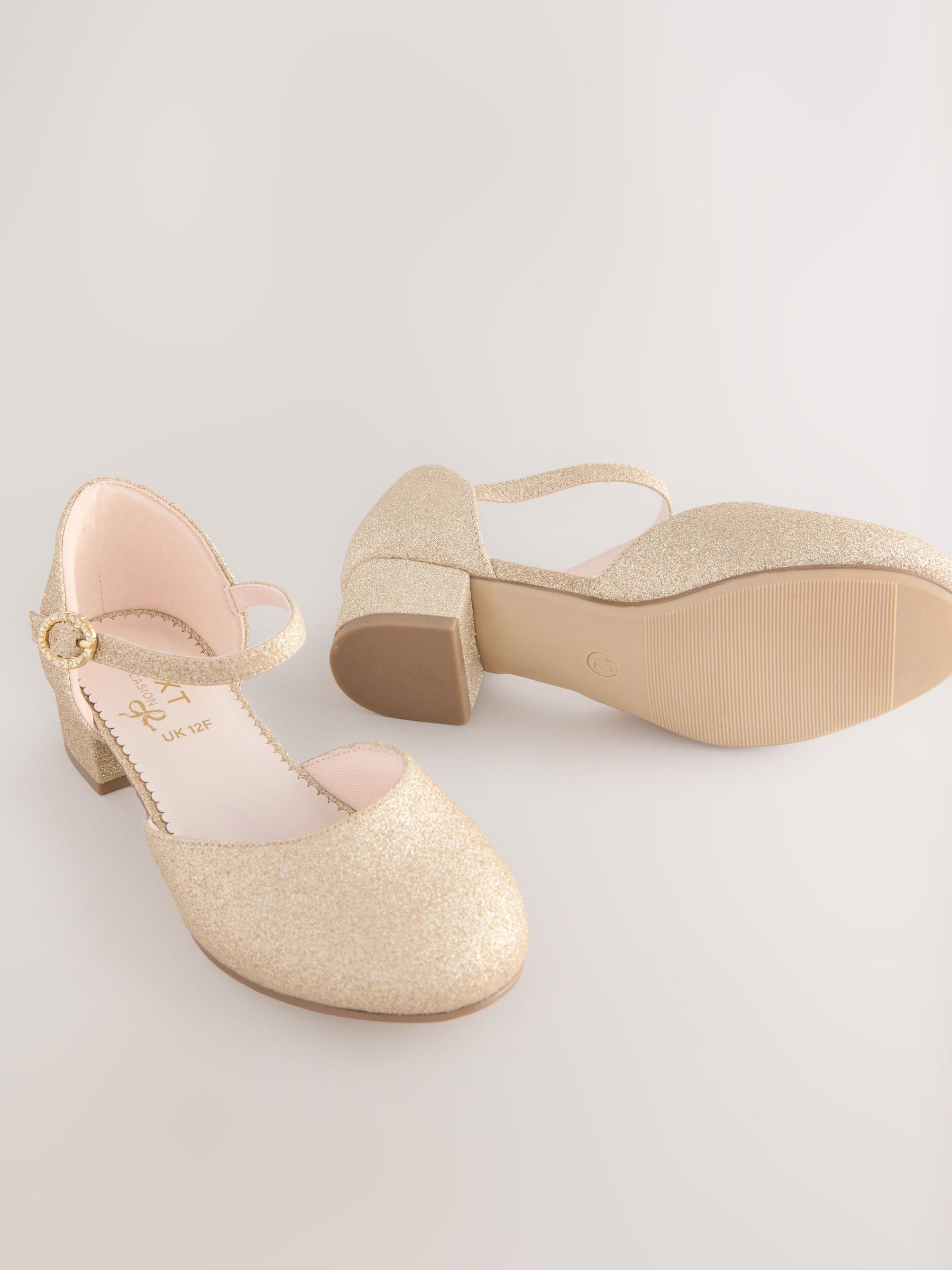 Goud glitter - Gelegenheidsschoenen met enkelbandje en lage hak