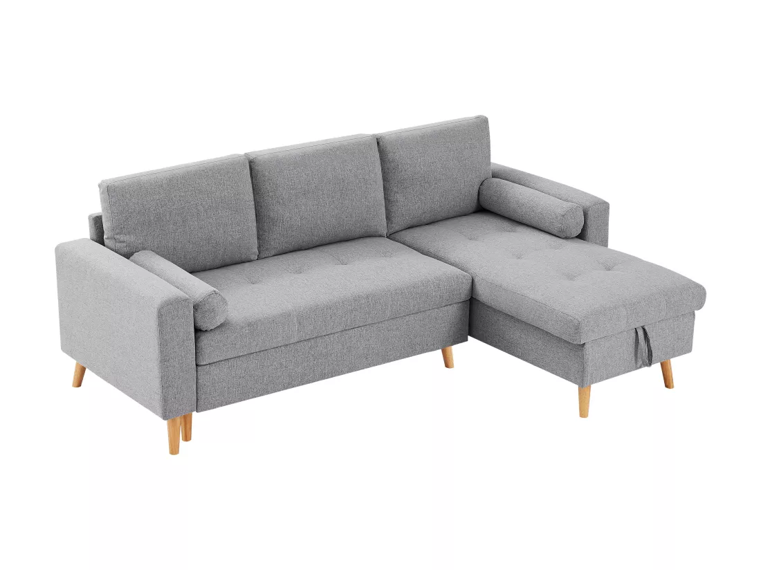 Canapé d'angle convertible et réversible en tissu gris clair avec coffre de rangement KORI