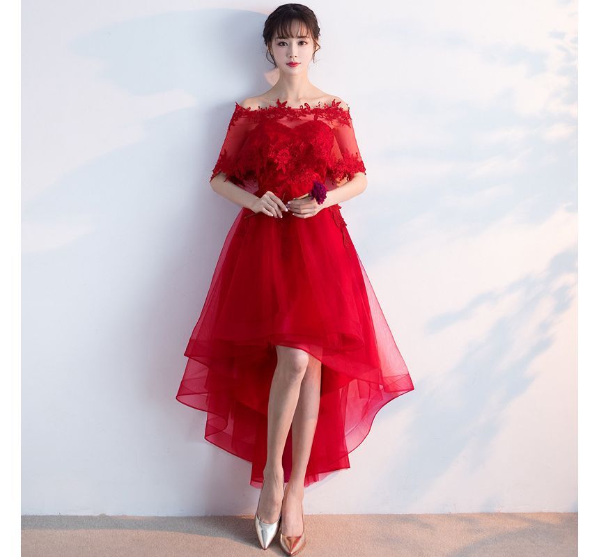 Wonhi - Cocktailjurk met korte mouwen en kanten rand en hoge lage taille