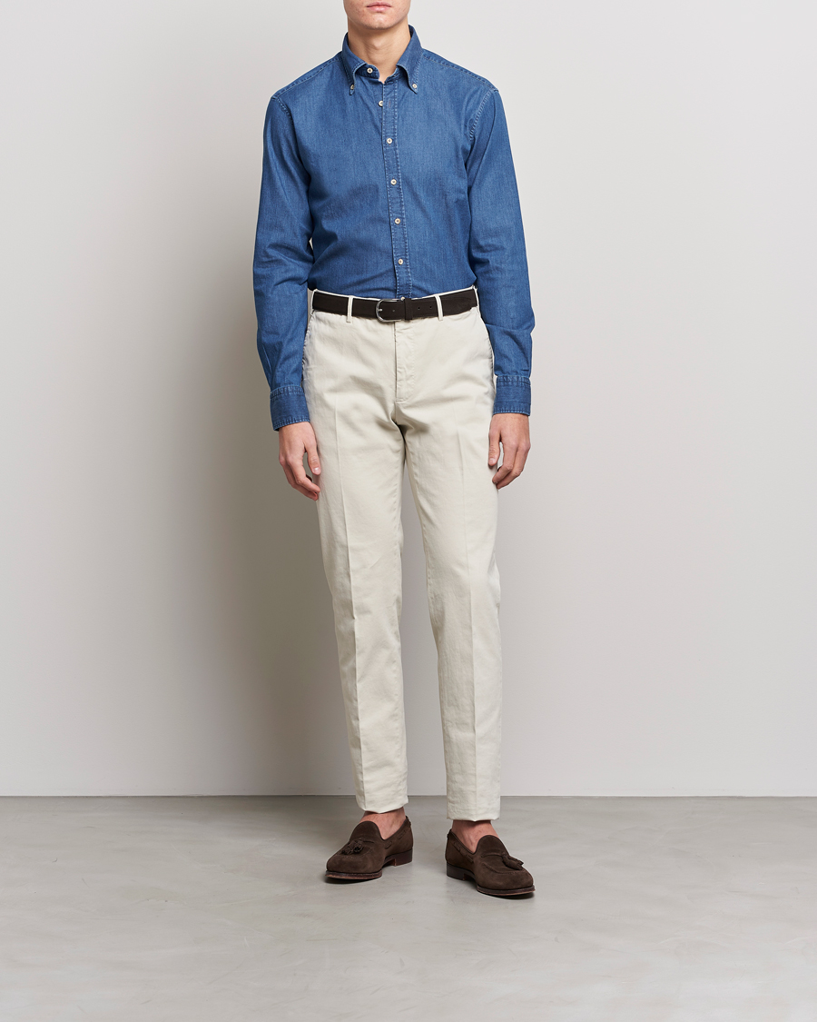 Stenströms Fitted Body Button Down Garment Washed Shirt Mid Blue Denim