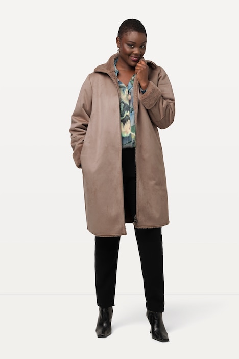 Shearling-Mantel, Pelzoptik, Stehkragen, 2-Wege-Zipper