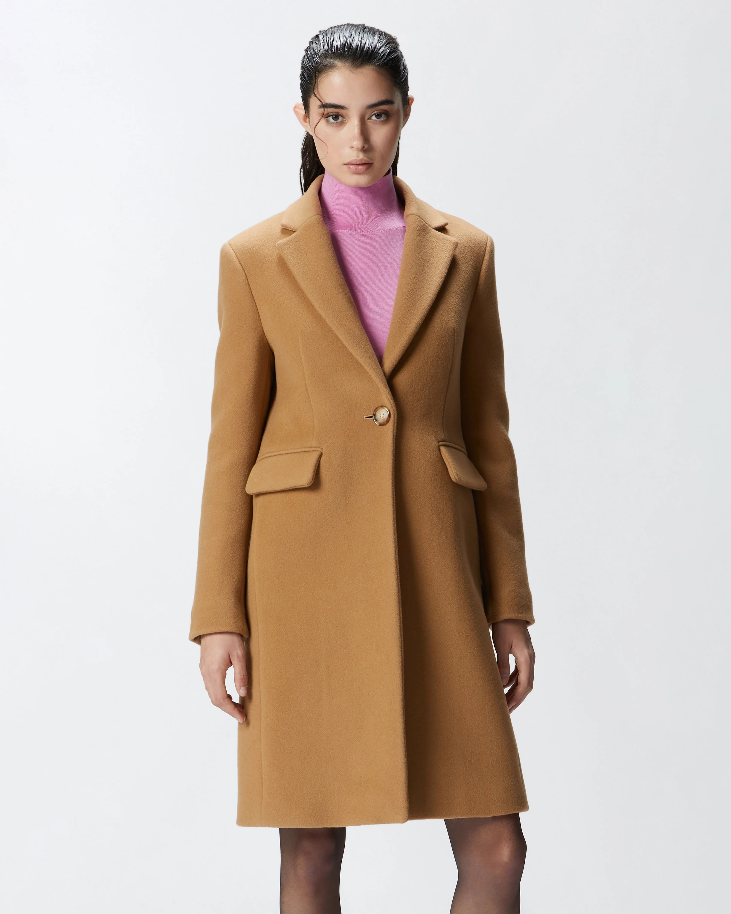 Manteau droit en drap de mélangée | Beige