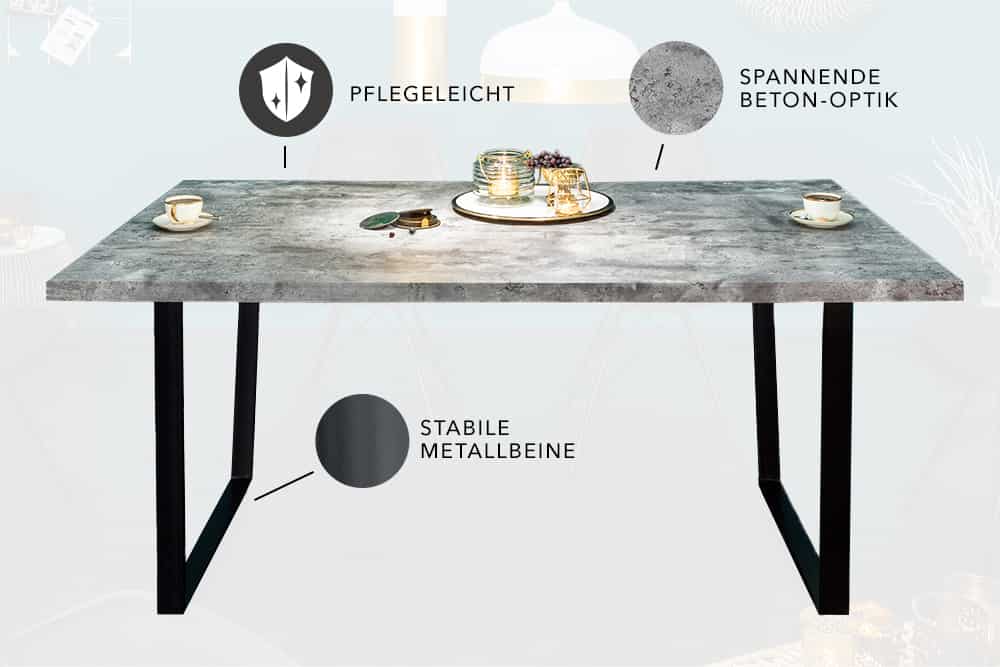 Moderner Esstisch LOFT 160cm grau Beton-Design schwarze Metallbeine Kufengestell Industrial