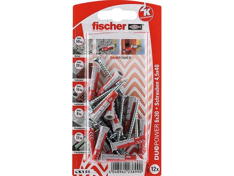 Fischer Dübel DUOPOWER 6 x 30 S, 12 Stück Kunststoffdübel