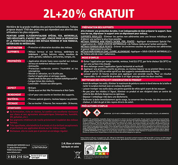 Peinture extérieure et intérieure fer blanc Tollens 2L +20% gratuit