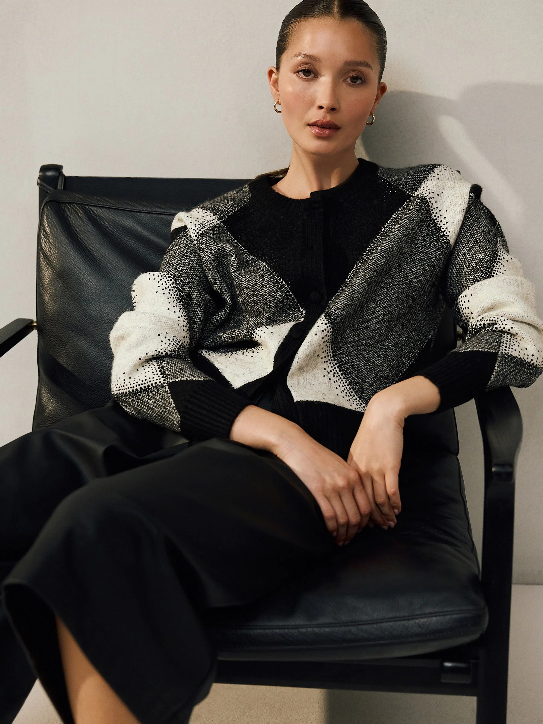 Zwart/wit - Sparkle Argyle Embellished Cardigan With Wool