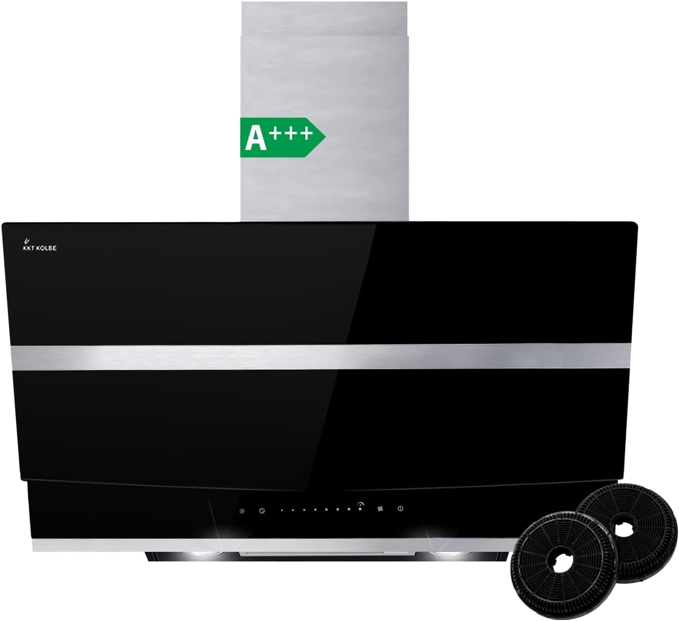 KKT KOLBE A+++ Dunstabzugshaube 80 cm Kopffreie Wandhaube Edelstahl schwarzes Glas Nachlaufautomatik LED-Beleuchtung SensorTouch-Bedienung HERMES8005S