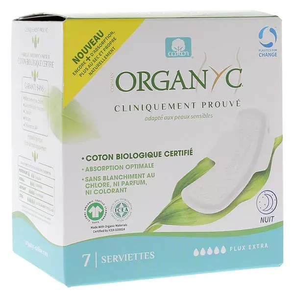 Absorventes noturnos Organyc Extra Flow, pacote com 7 unidades