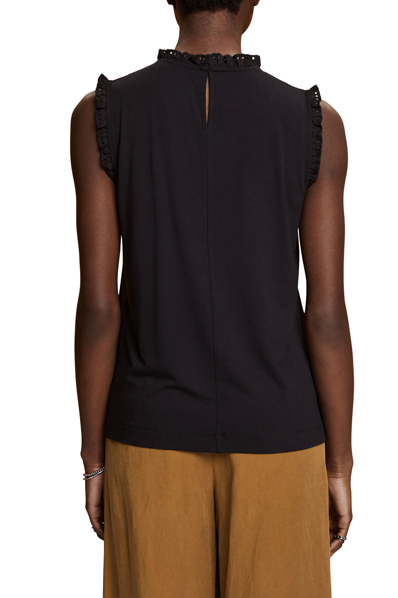 Blusa sem mangas com gola franzida em viscose - Preta