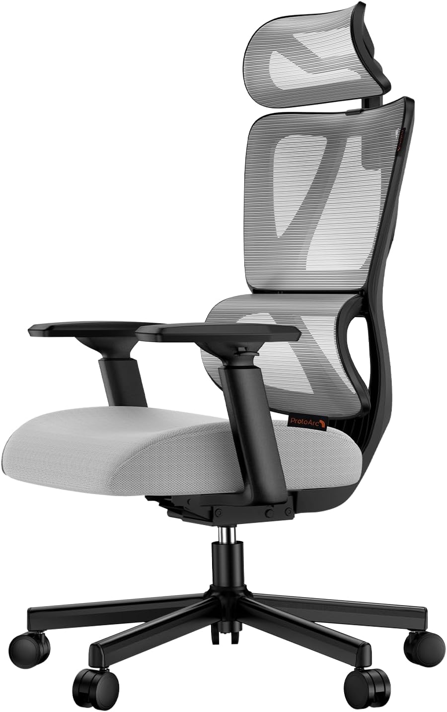 ProtoArc EC100 Ergonomischer Bürostuhl – Computer-Schreibtischstuhl mit 10 cm dickem Federkissen, Lendenwirbelstütze, Verstellbarer  Armlehne & Kopfstütze, Mesh-Drehstuhl für Home-Office, Grau