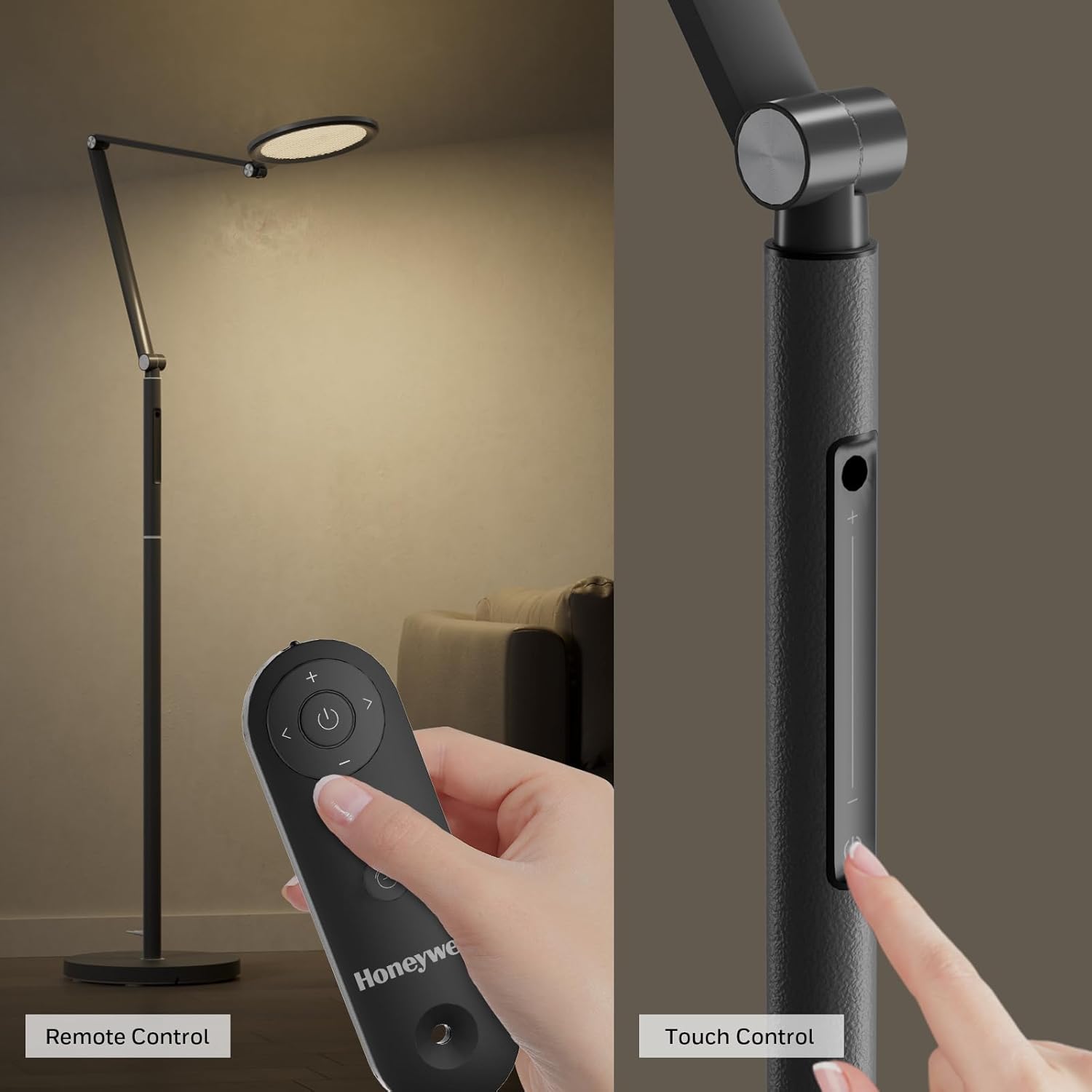 Honeywell LED Stehlampe - F01BK Sunturalux™ Augenfreundliche dimmbare Stehlampe mit Fernbedienung, 5 Farben & 5 Helligkeitsstufen verstellbare Lampe für Zuhause, Büro, Wohnzimmer, Schlafzimmer