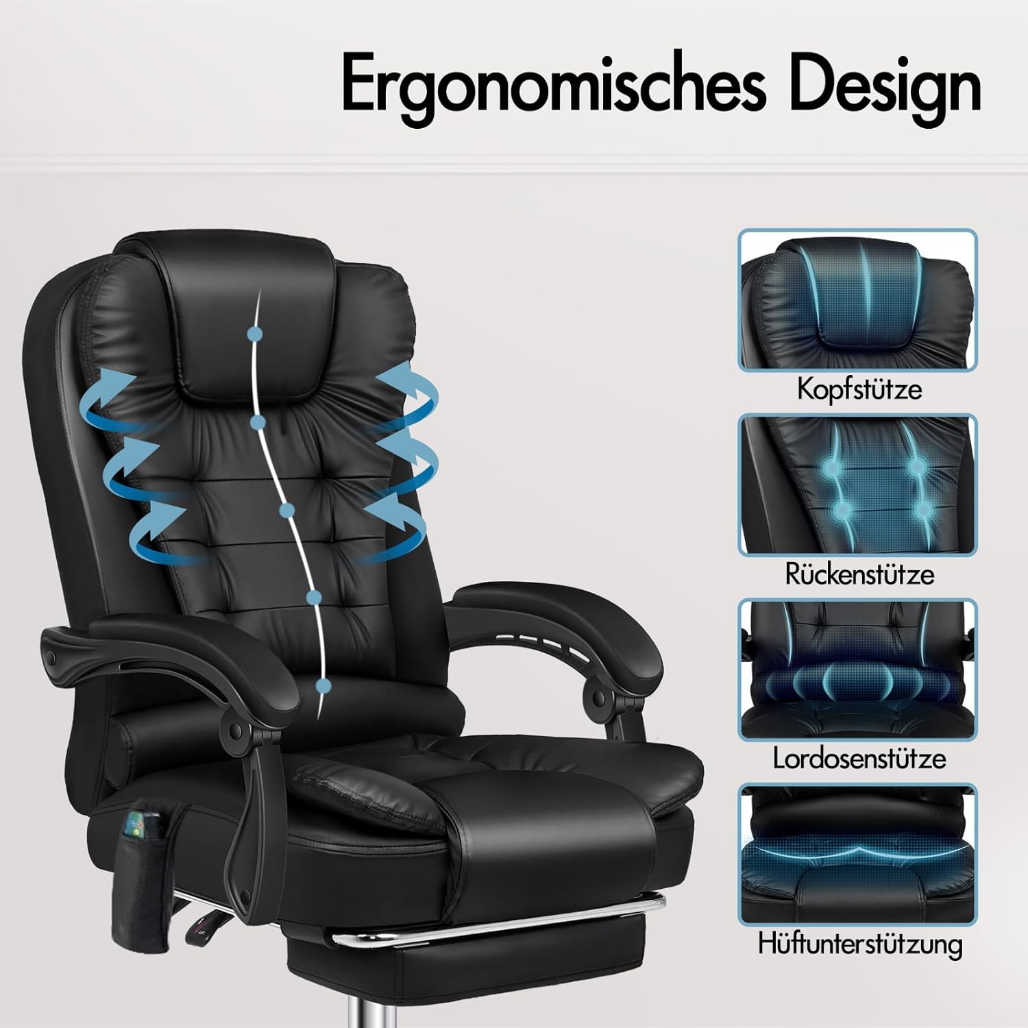 ALFORDSON Ergonomischer Bürostuhl, Schreibtischstuhl mit Wärmemassagefunktion, PU-Leder Computerstuhl mit gepolsterten Armlehnen und weicher Kopfstütze, Drehstuhl mit Rollen, Schwarz