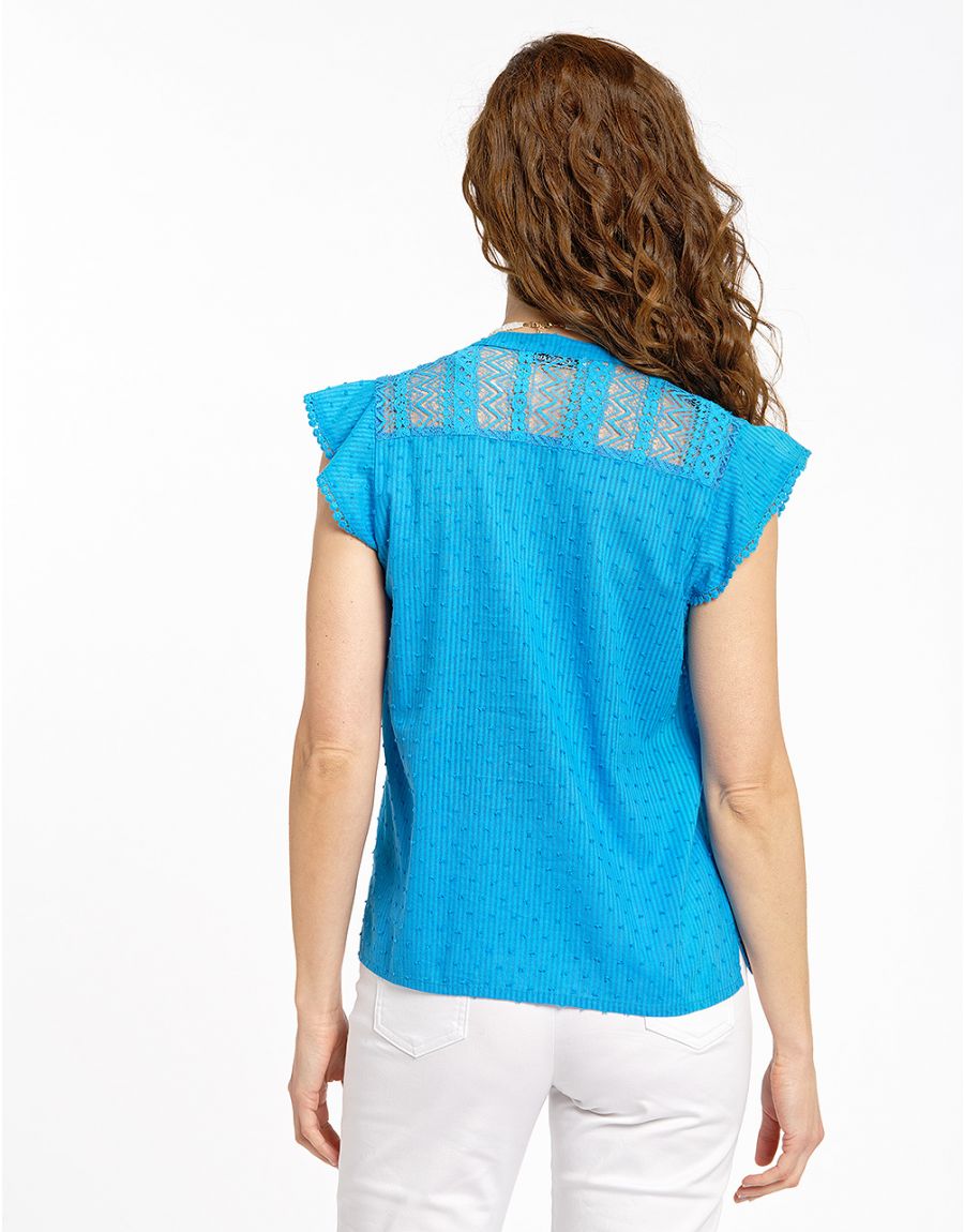 Top bleu coton plumetis