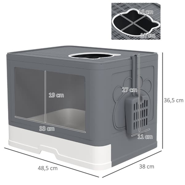 Kattesandboks Med Lokk Og Øse For Inntil 4 Kg, Innendørs, Plast, Grå, 48,5X38X36,5 Cm