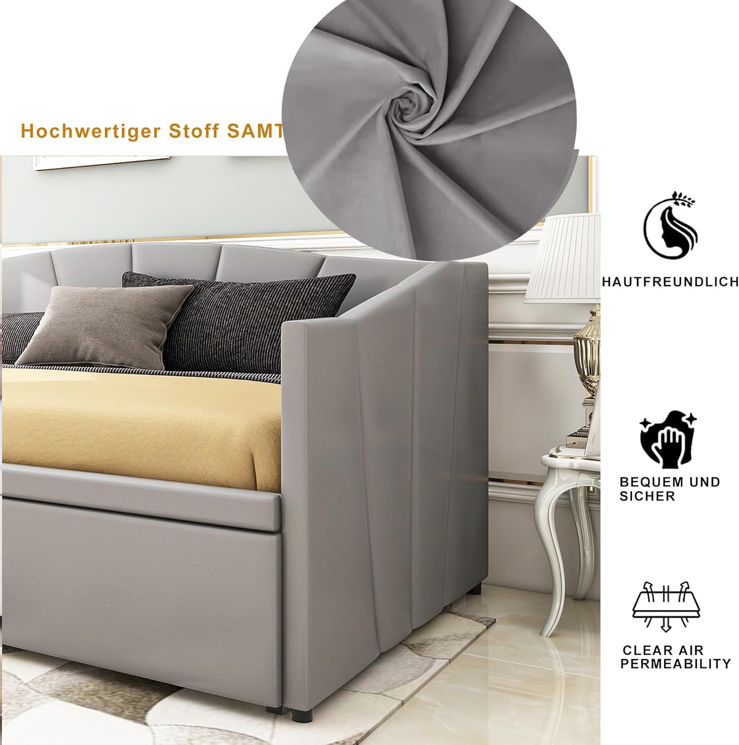 Kayan Polsterbett Ausziehbares Schlafsofa 90/180 * 200 cm mit Lattenrosten, Multifunktionsbett aus hautfreundlichem Samtstoff (Grau)