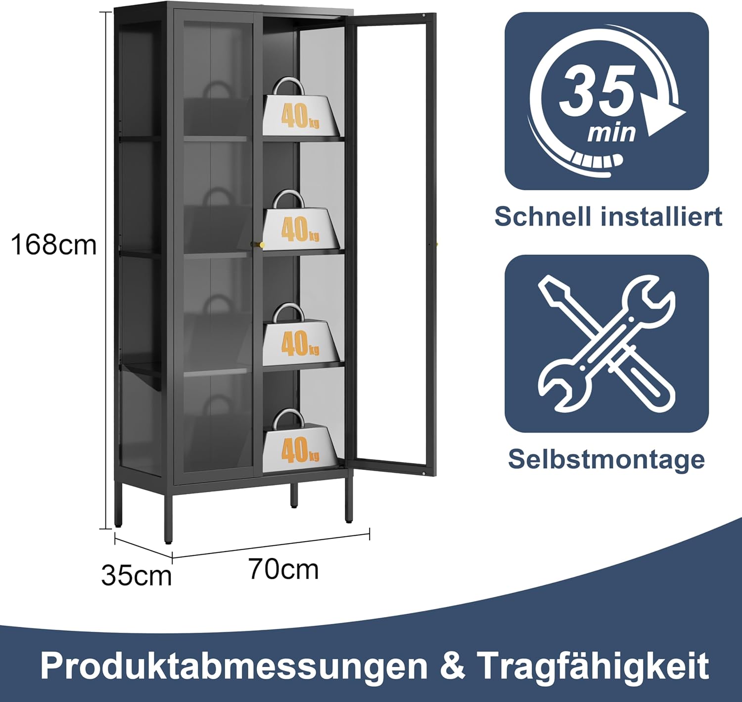 Vitrine mit Glastüren,Glasvitrine Stehend Vitrinenschrank mit 3 höhenverstellbaren Fachböden, Sammlervitrine Glasschrank für Wohnzimmer Schlafzimmer Wein Büro, Schwarz(35x70x168cm)