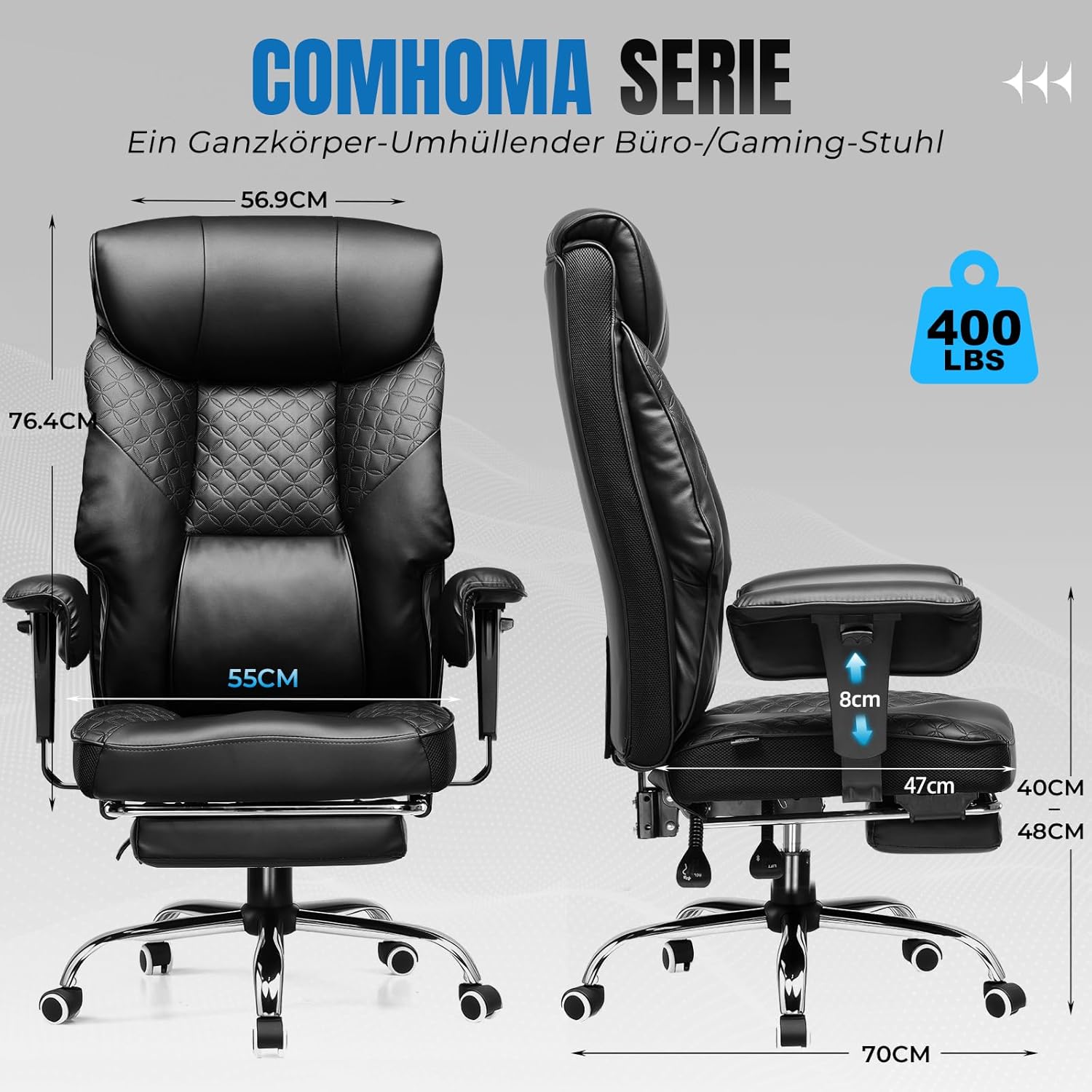 COMHOMA Gaming Stuhl für Große und Schwere Personen, ergonomischer Bürostuhl bis 180 kg, 3D Sitzkissen, verstellbar mit Fußstütze, PU-Leder, hoher Komfort für Büro & Gaming Schwarz
