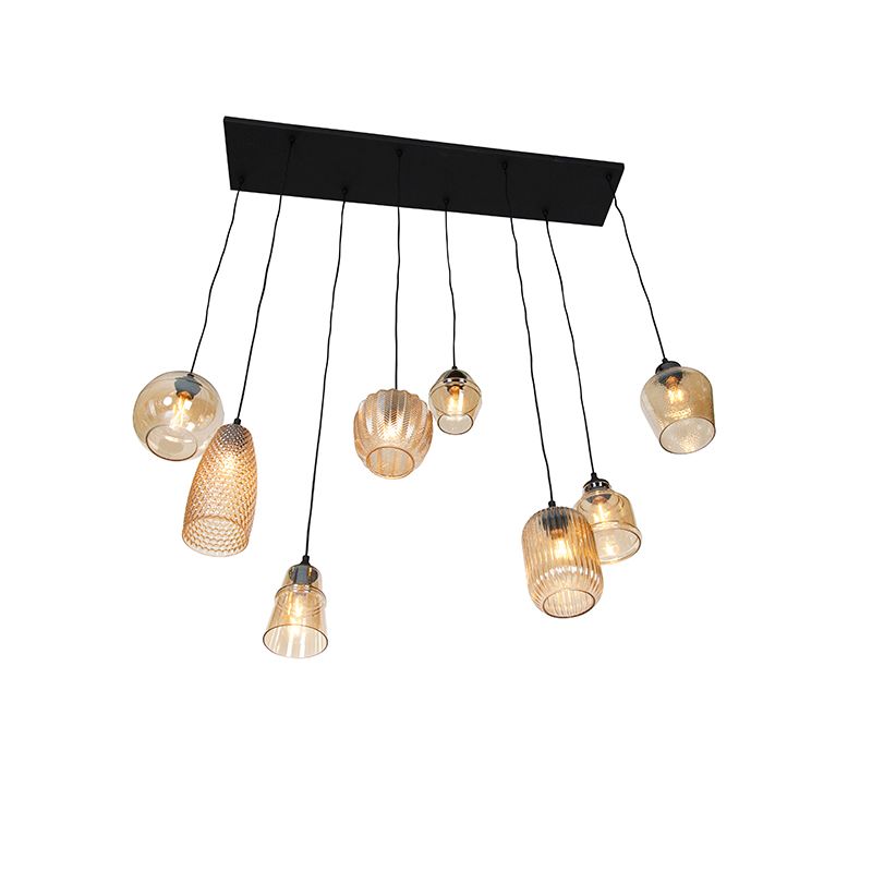 Art deco hanglamp zwart met amber glas 8-lichts - Hanne