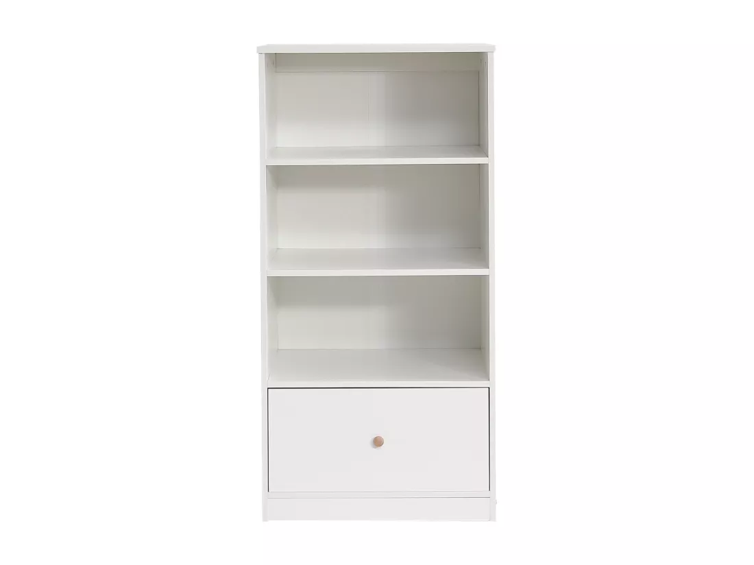 Buffet haut, Bibliothèque, étagère avec trois étagères et un tiroir, coulisses silencieuses, pour chambre à coucher, salon, MDF, blanc