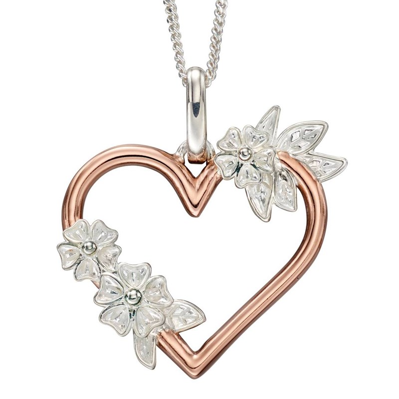 Collier fleurs et coeur plaqué or rose en argent 925/1000