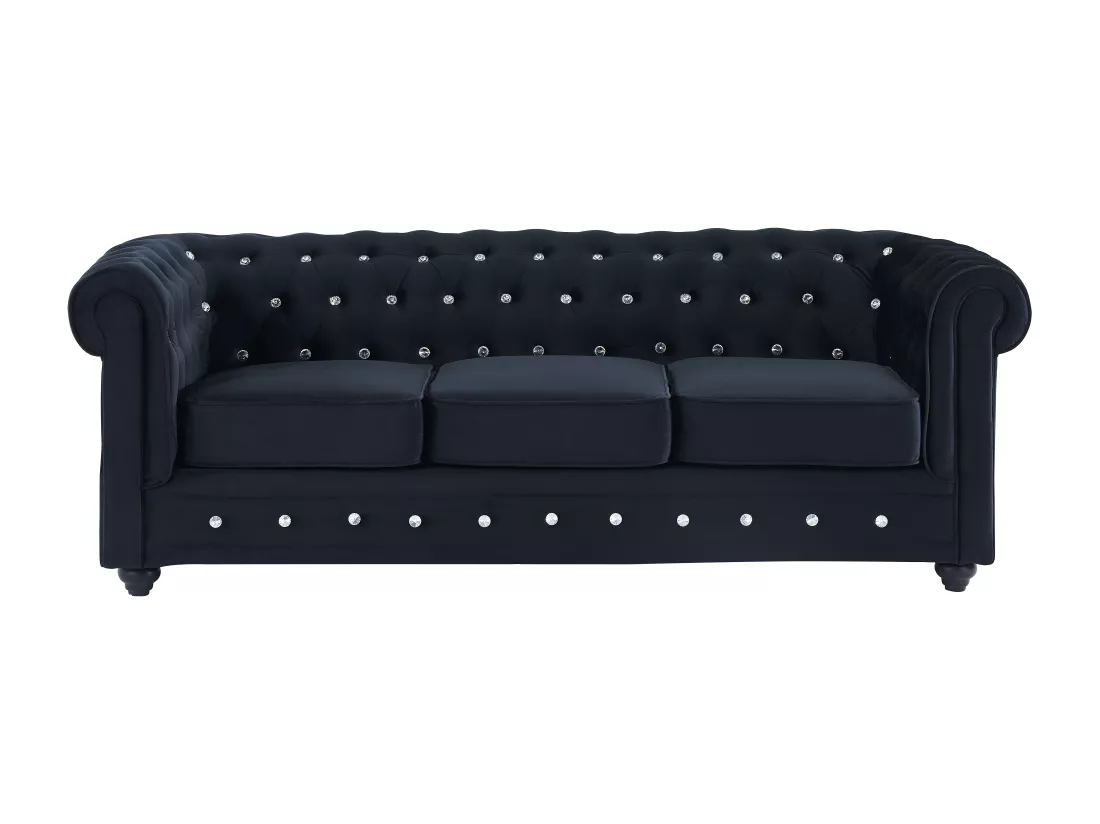 Canapé 3 places et fauteuil CHESTERFIELD - velours noir et boutons effet cristal