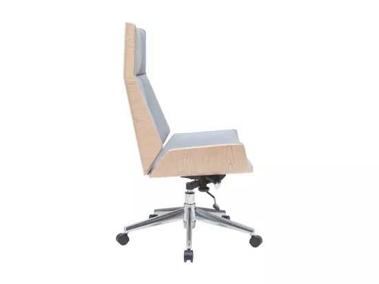 Fauteuil de bureau de direction design en tissu gris clair, bois clair et acier chromé CURVED