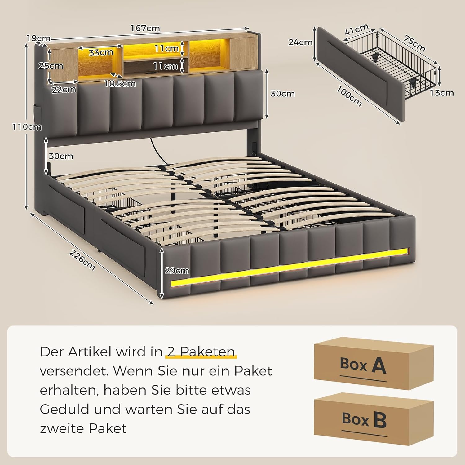 Bett 160x200 cm, Doppelbettgestell, Bett mit LED-Beleuchtung, Polsterbett, 4 Schubladen, Ladestation, Metallrahmen & Holzkopfteil mit Stauraum, für Schlafzimmer, Gästezimmer, Grau