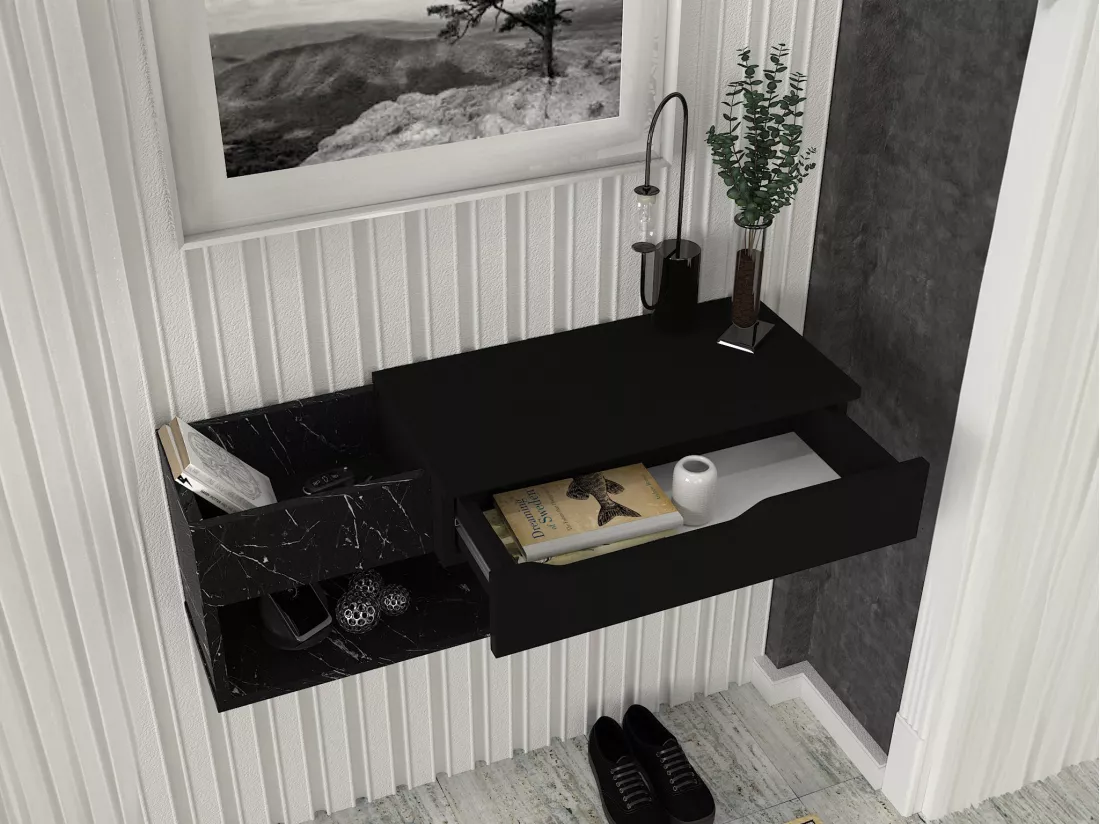 Console suspendue avec 1 tiroir et 2 niches - Effet marbre noir - DAREKA