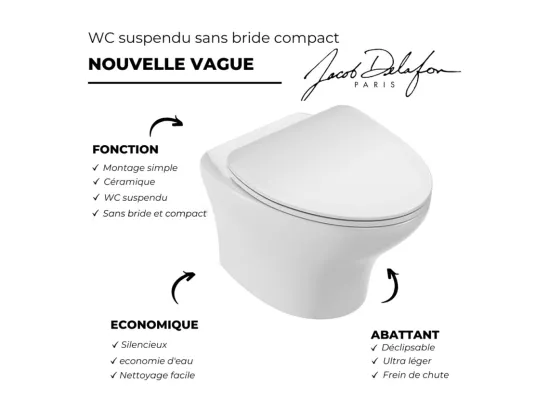 Pack WC suspendu sans bride compact JACOB DELAFON Nouvelle vague+ bâti-support + plaque Blanc brillant + accessoires