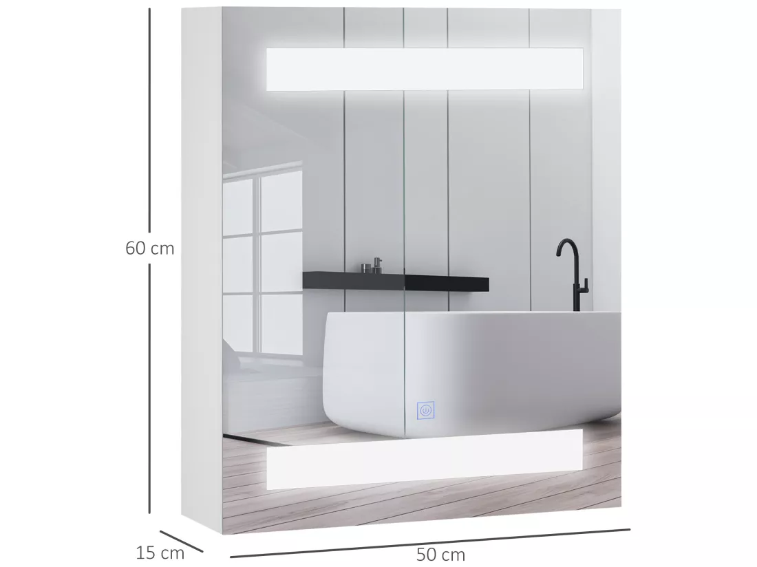 Miroir lumineux LED armoire murale design de salle de bain 2 en 1 dim. 50L x 15l x 60H cm MDF blanc