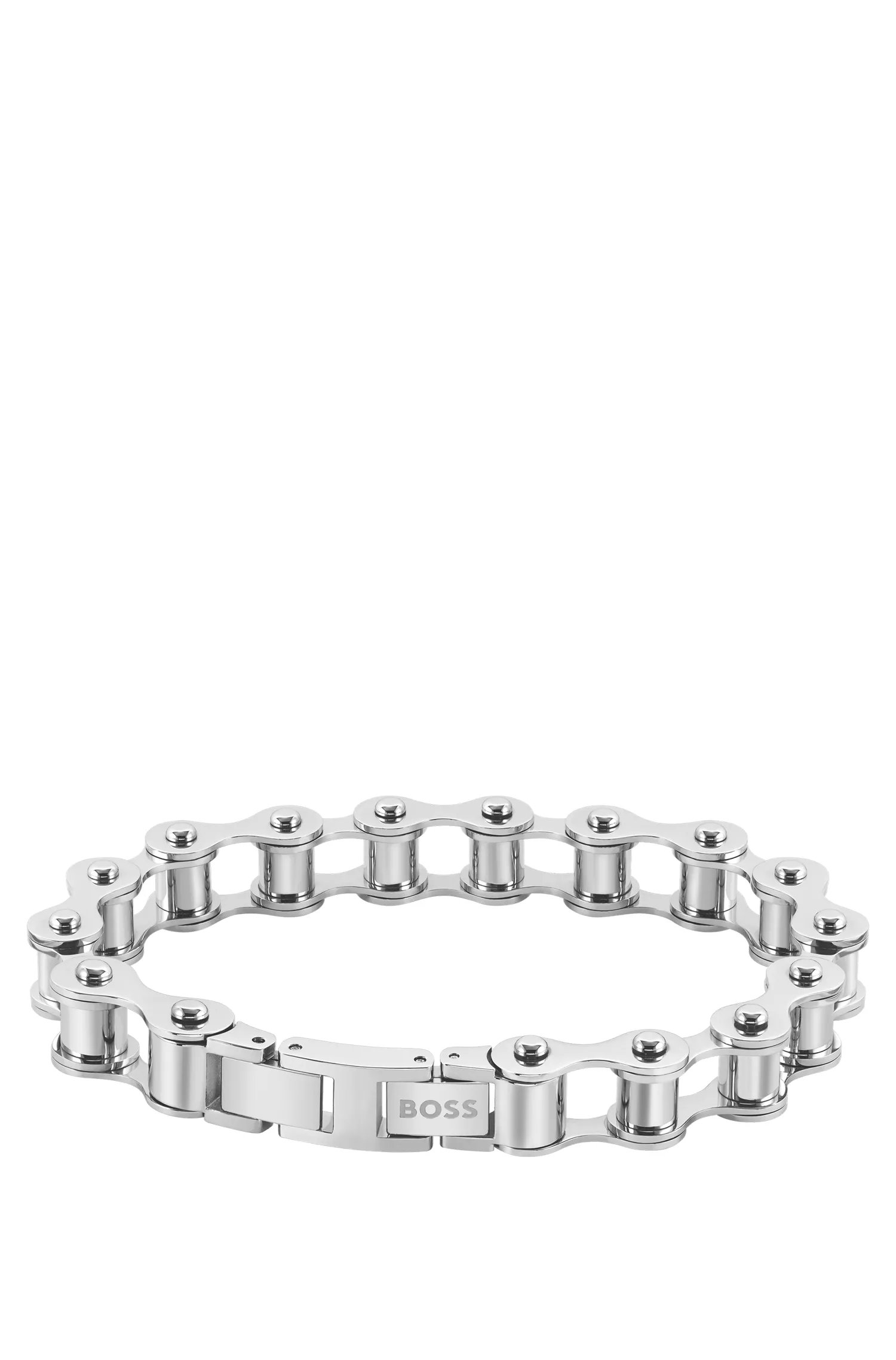 Bracelete BOSS preto inspirado em correntes de bicicleta com fecho personalizado.