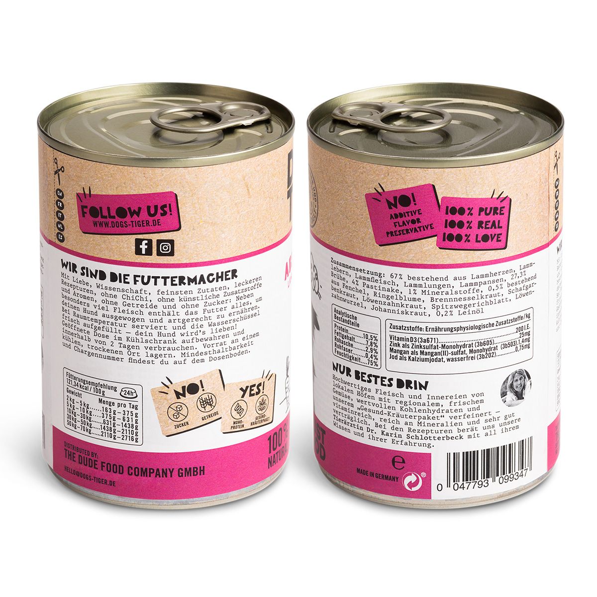 Dogs’n Tiger Adult Premium Hundefutter, Abendbrot, Nassfutter, Getreidefrei, Lamm & Pastinake