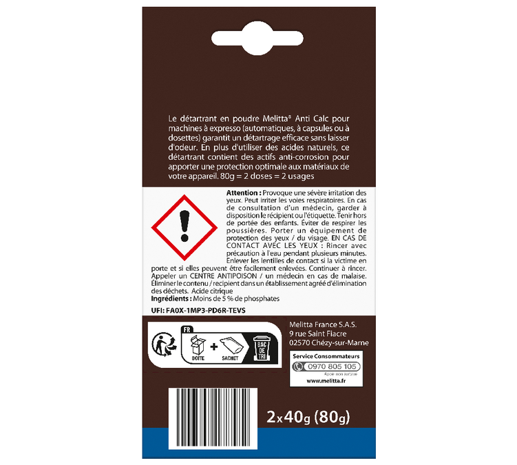 Détartrant MELITTA - Anti Calc pour machines à café automatique  (2 x 40g)