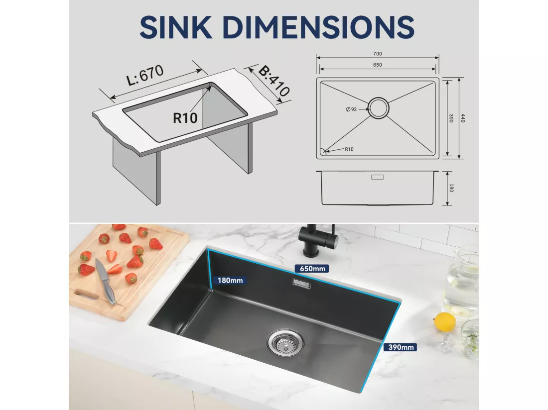 AuraLum Max Évier Cuisine 1 Bac 70*44*19CM Évier Montage à Encastrer,à Fleur/Sous-Plan Acier Inox 304 Évier avec Siphon/Trop-Plein,Noir,EU Modèle