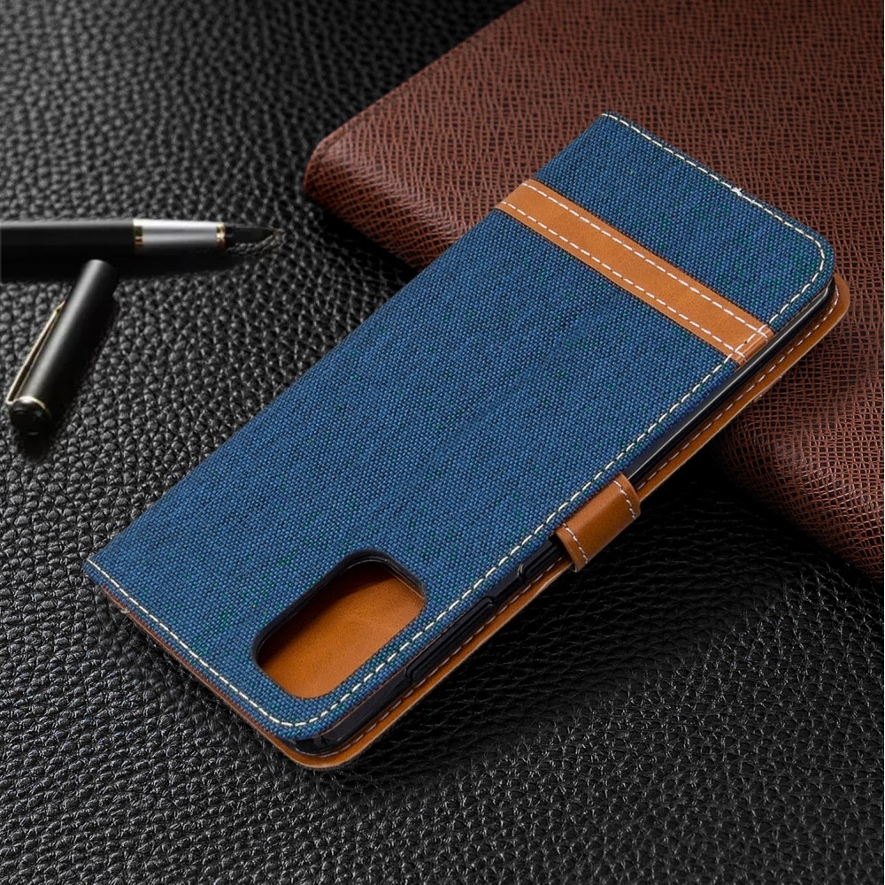 Samsung Galaxy A41 Stoff Tasche im Jeans Look mit Kartenfach   Magnetverschluss - Dunkelblau / Braun