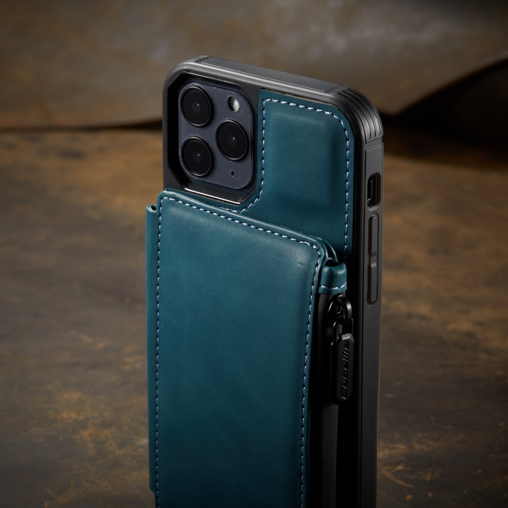 iPhone 12 / iPhone 12 Pro Leder Schutzhülle mit Münzbeutel   3 Kartenfächern - Blau / Grün