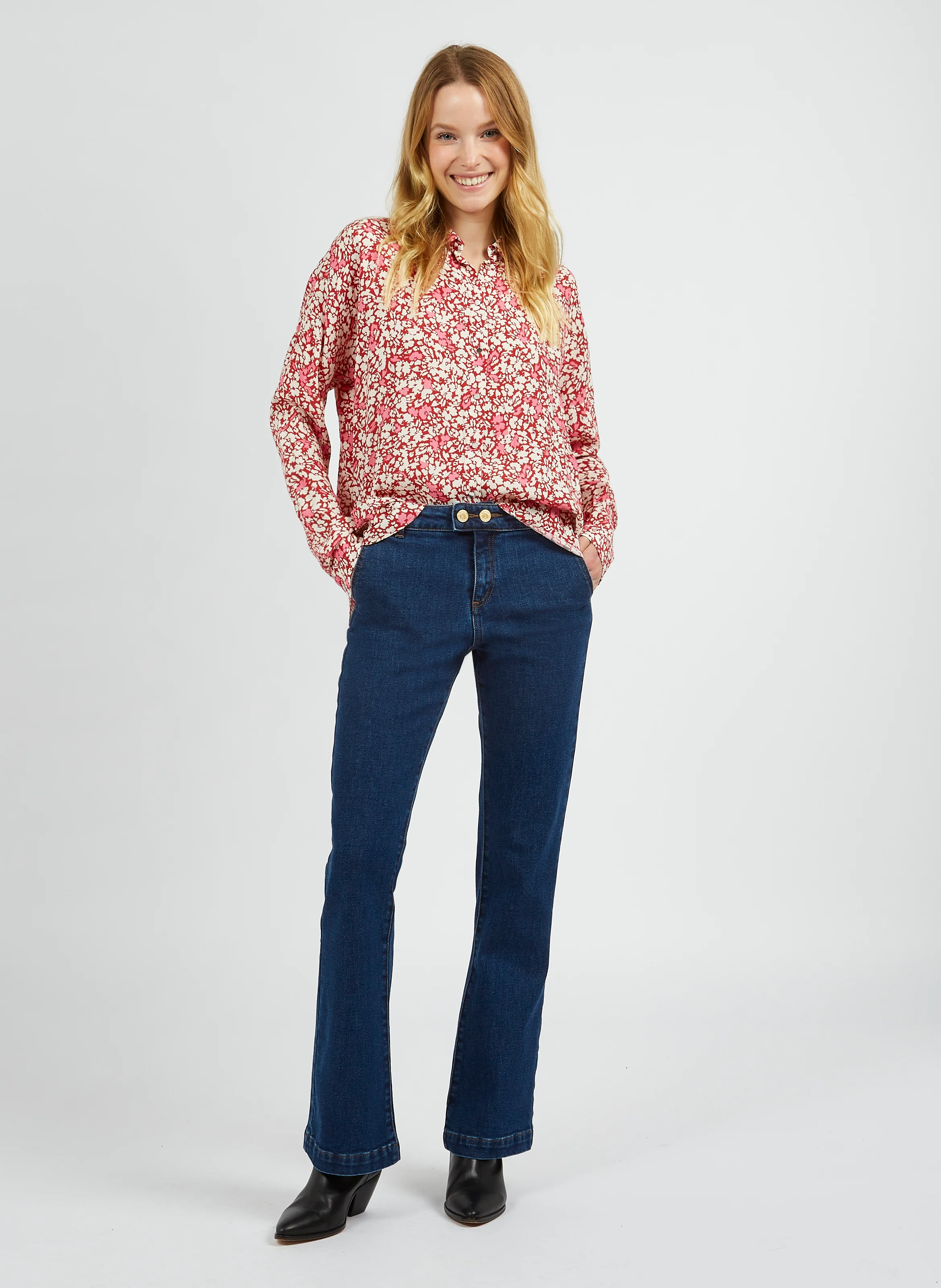 Chemise ample col classique à imprimé fleuri| Rouge