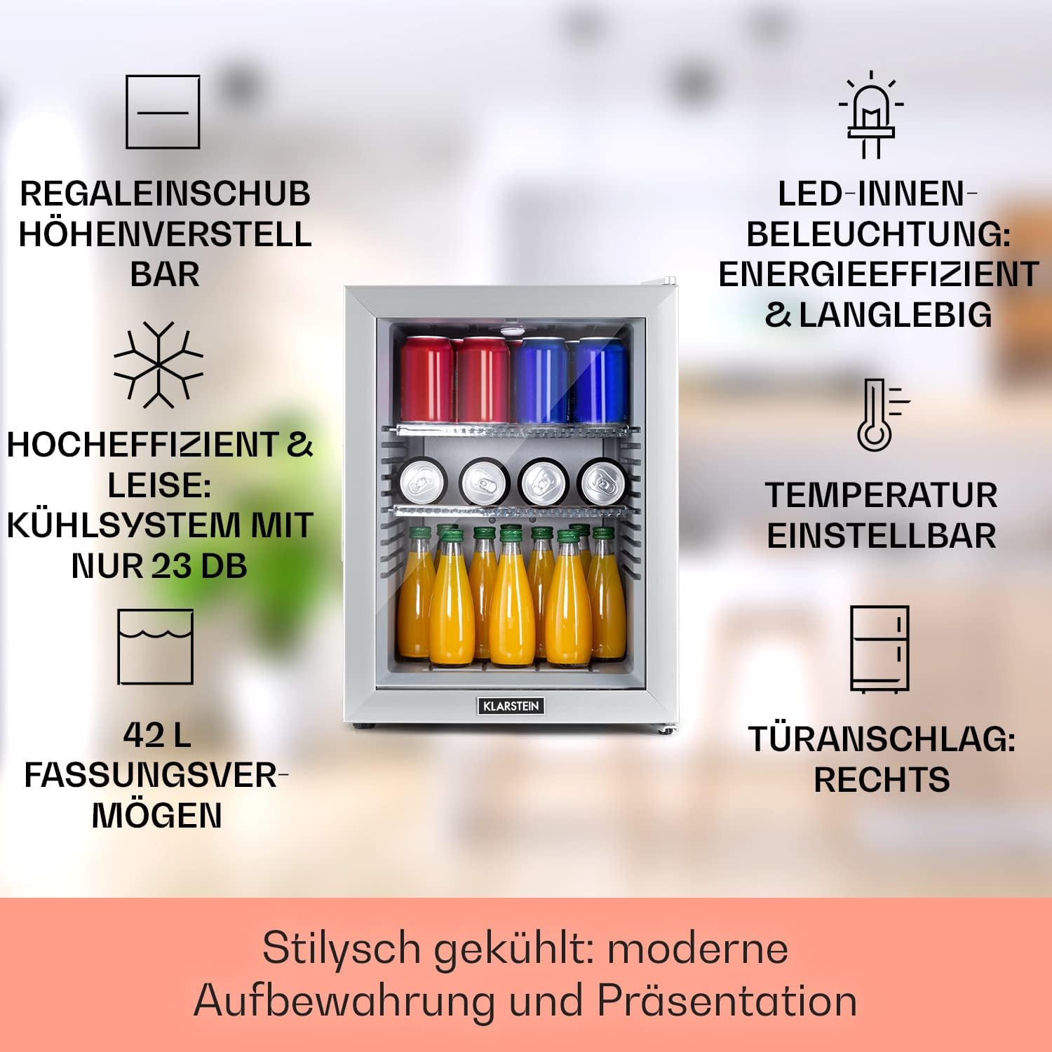 Klarstein Kühlschrank, Mini Kühlschrank mit Glastüre, Mini-Kühlschrank für Getränke, Snacks & Kosmetik, Kühlschrank Klein & Leise, Verstellbare Ablagen, Kleiner Skincare Kühlschrank 12-18°C, 42L