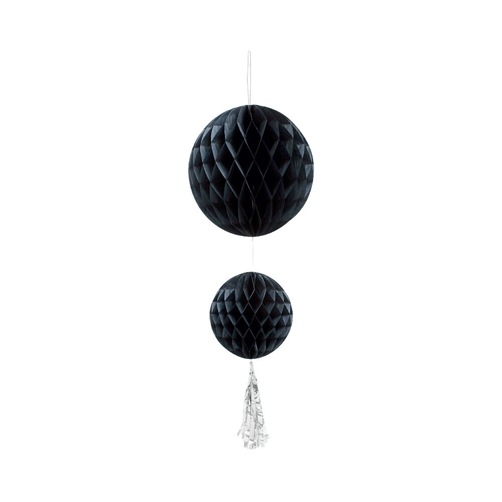 Suspension 2 boules avec pompon papier noir