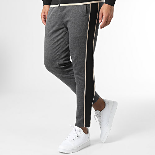 Ensemble Veste Zippée et Pantalon Jogging A Bandes BM1692 Gris Anthracite Chiné Beige