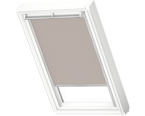 VELUX verduisterend rolgordijn, effen licht taupe, handmatig, wit frame, DKL C02 4580SWL