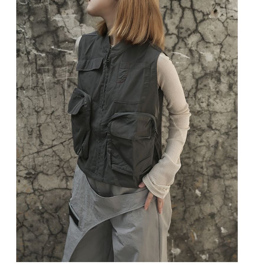 SIMPLE BLACK - Effen vest met rits en zakken