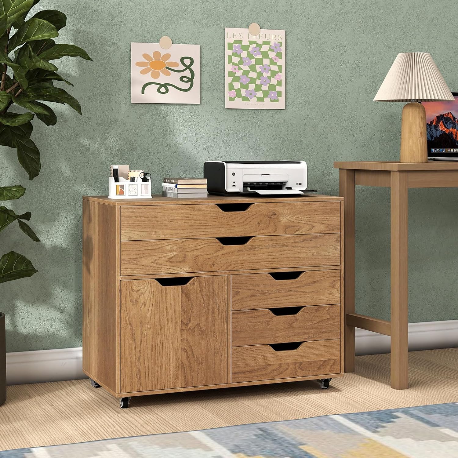 COSTWAY Rollcontainer mit 5 Schubladen & Schrank, mobiler Aktenschrank mit Rollen, Schubladenschrank mit Arbeitsplatte, Rollwagen Bürocontainer aus Holz für Zuhause, Büro (Natur,77,5 x 40 x 64 cm)
