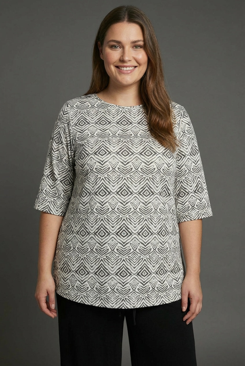Laura Scott CURVE Anzug Set, Shirt + Hose,  figurumspielend für Frühling und Sommer, figurumspielend, mit 3/4-Ärmeln, bedruckt