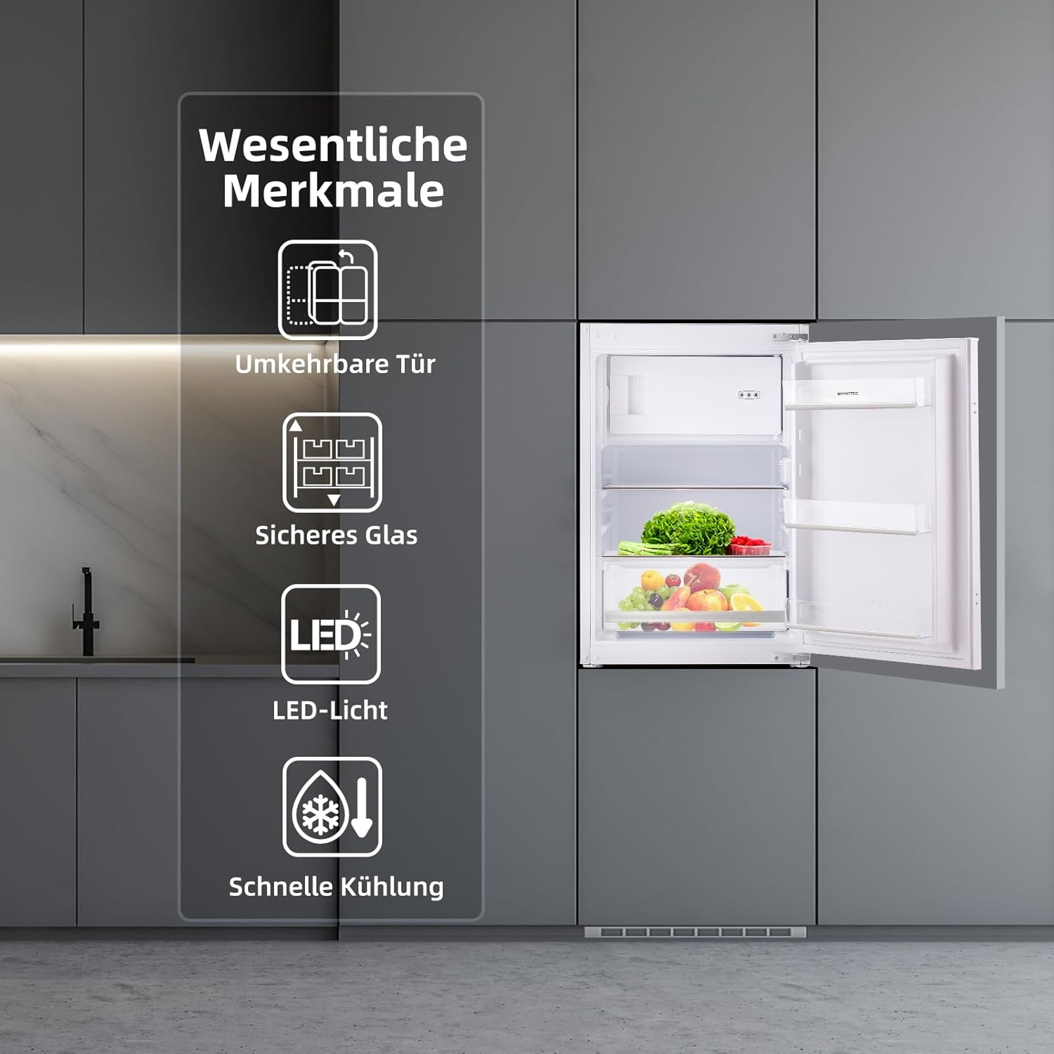magictec MSR118BI Einbau-Kühlschrank mit Gefrierfach | 118L (102L/16L) | Temperaturregelung | 88 cm Nische | Kühl-Gefrier-Kombination mit wechselbaren Türsc